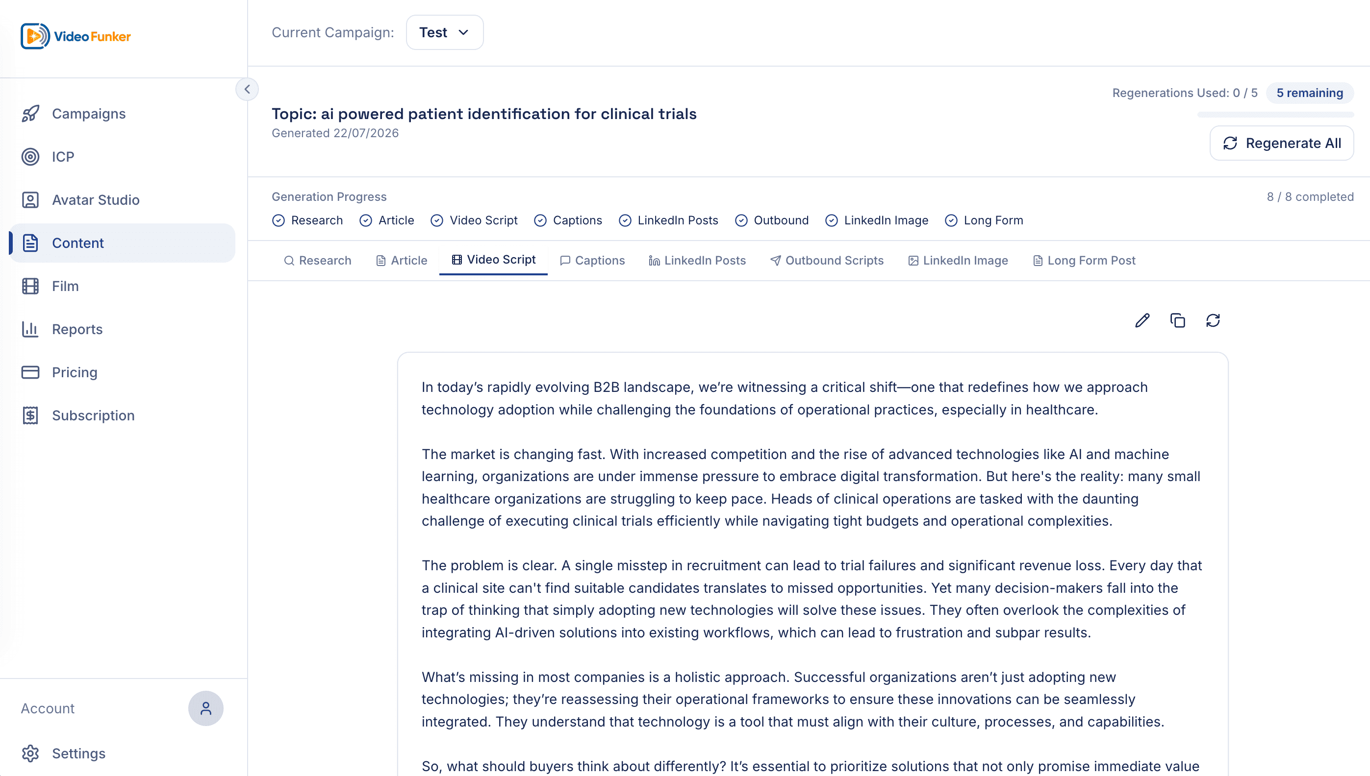 Video Funker content engine with research, article, video script, captions, LinkedIn posts and outbound tabs