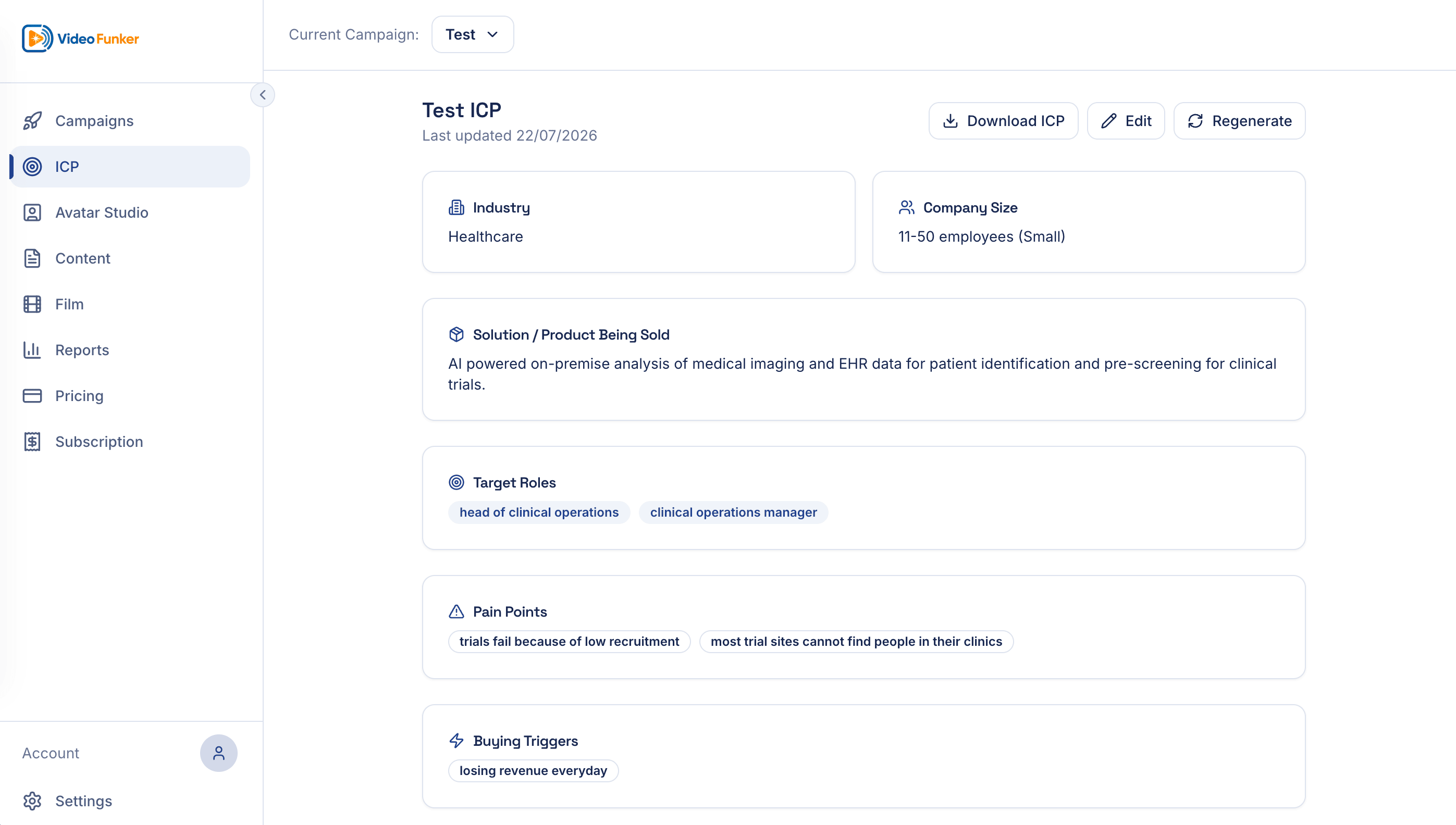 Video Funker ICP screen showing industry, company size, target roles, pain points and buying triggers