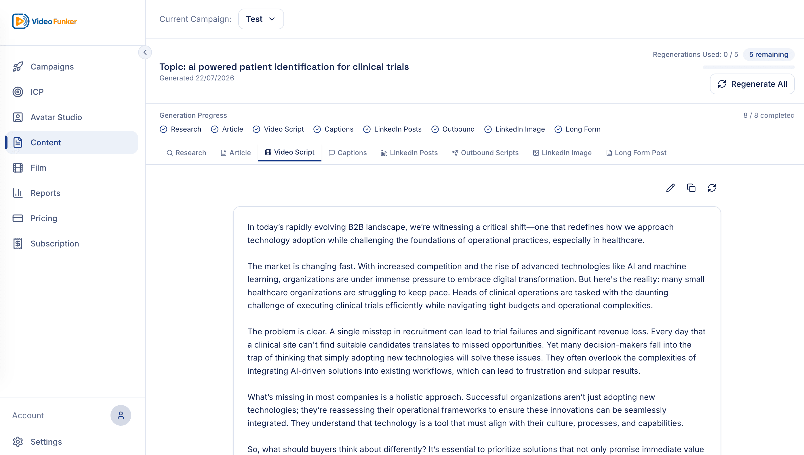 Video Funker content engine with research, article, video script, captions, LinkedIn posts and outbound tabs